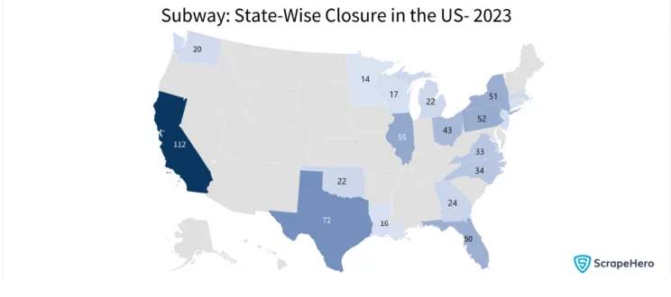 Fast food and restaurant closures in the US: Map showing the states where most number of Subway outlets are closed in 2023