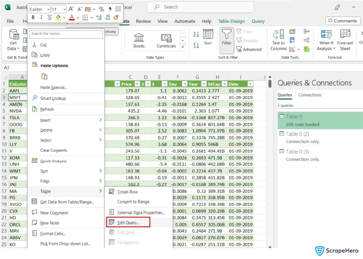 web scraping with Excel- an image describing how to edit the query