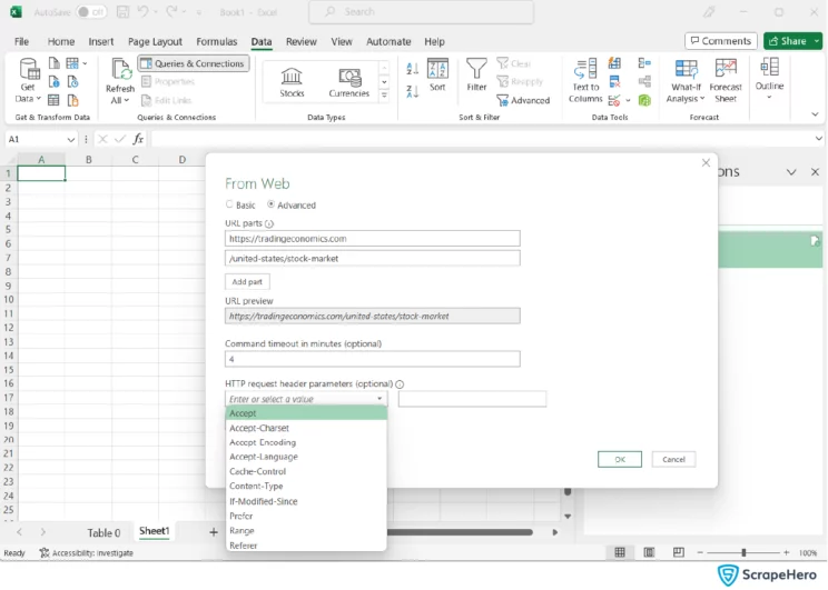  web scraping with Excel- an image of different advance options provided in Excel