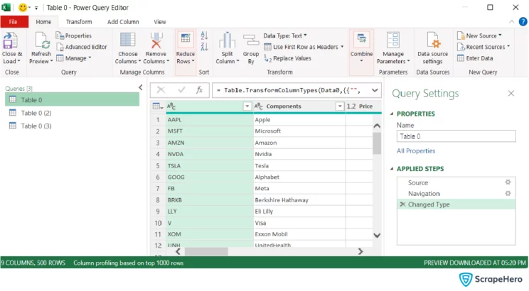 web scraping with Excel- an image of further customization in web query window