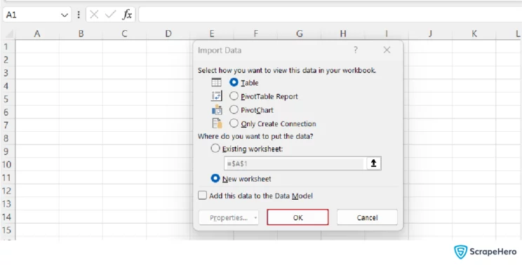 web scraping with Excel- an image of how to place data in a different cell other than default one