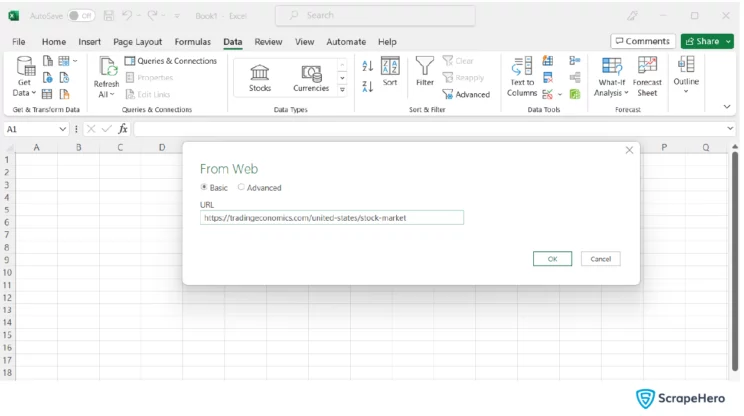 web scraping with Excel- an image of pasting the web page url for scraping