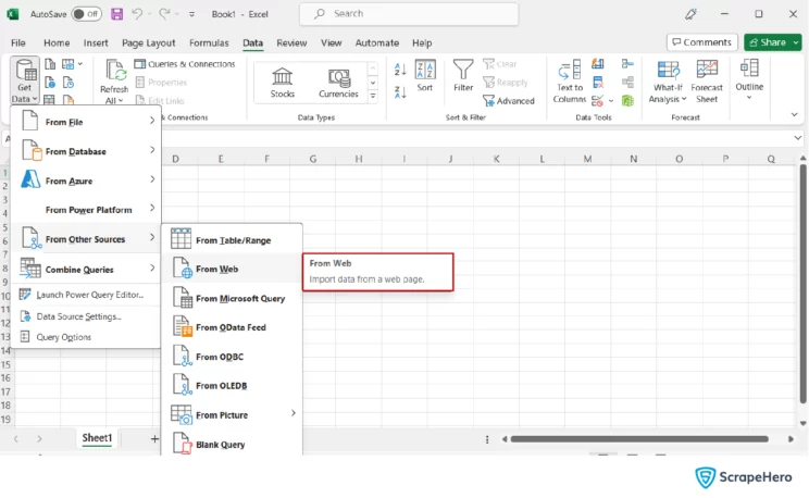 web scraping with Excel- an image of selecting 'from web option' in Excel