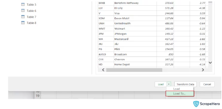  web scraping with Excel- an image of selecting the 'Load To' option in advanced web query options