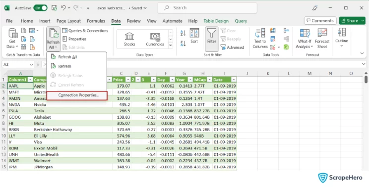 web scraping with Excel- an image of showing how to schedule the refreshing of table data