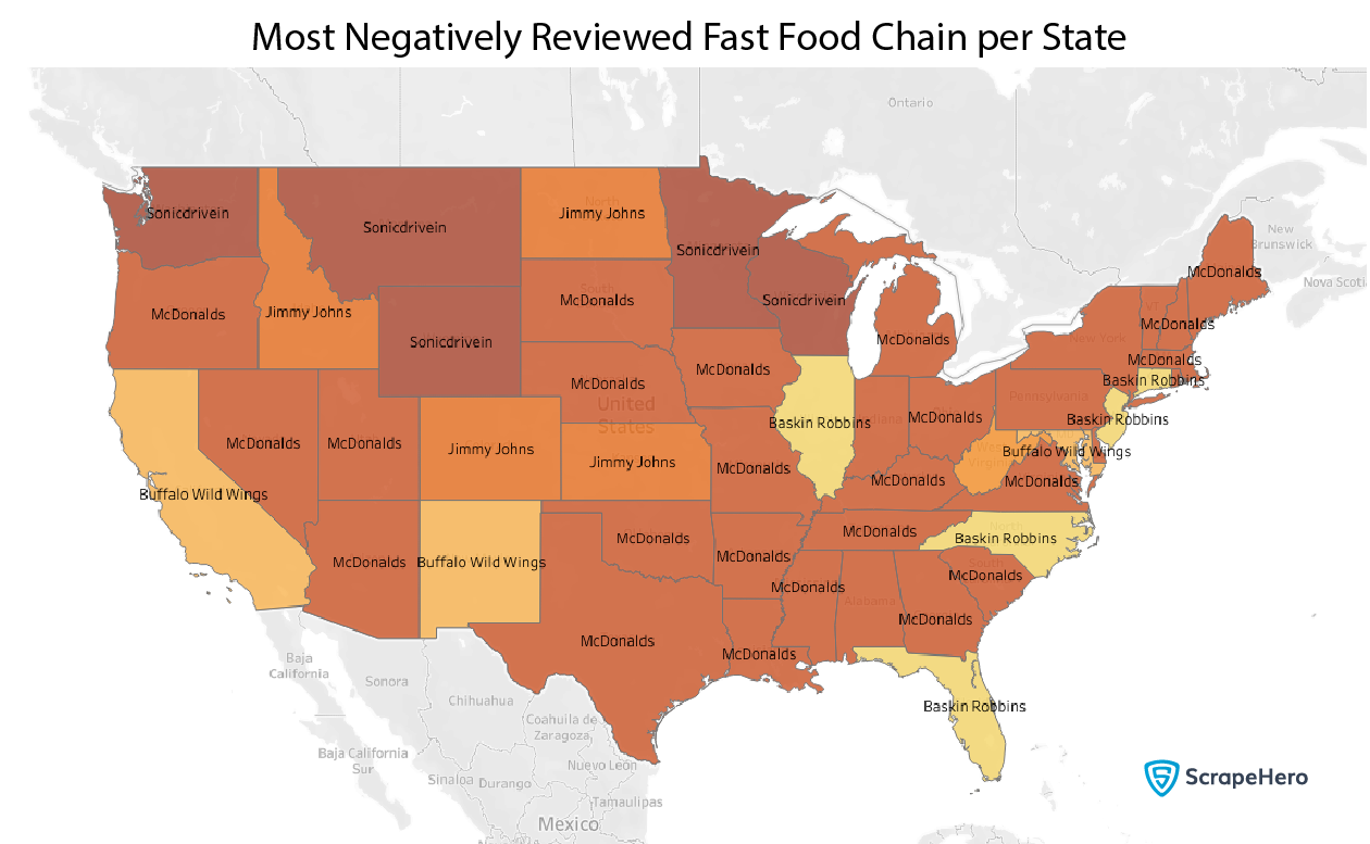  most negatively reviewed Fast Food Chains in the US state-wise distribution