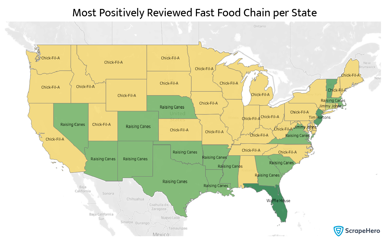 most positively reviewed Fast Food Chains in the US state-wise distribution 