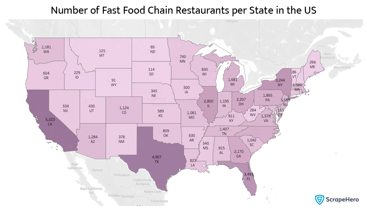 Statewise distribution of Fast Food Chains in the US