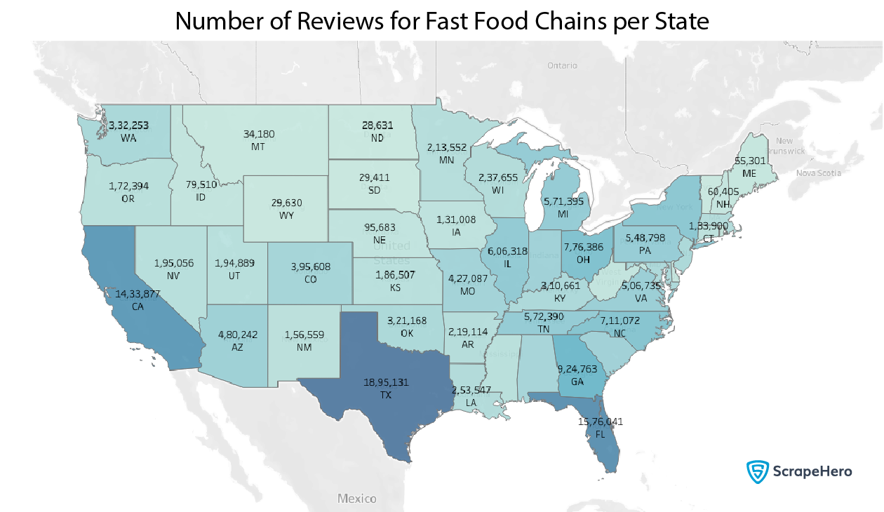 Statewise distribution of reviews of Fast Food Chains in the US 