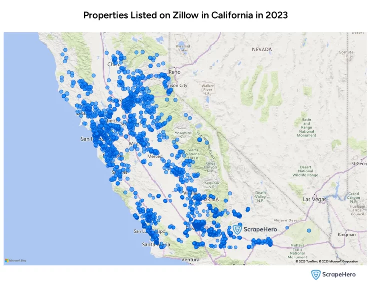 Map showing a bird’s eye view of Zillow housing data in California in the US.