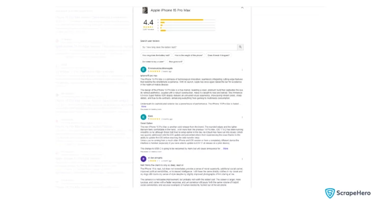 Screenshot of Google reviews page for ChatGPT web scraping. 