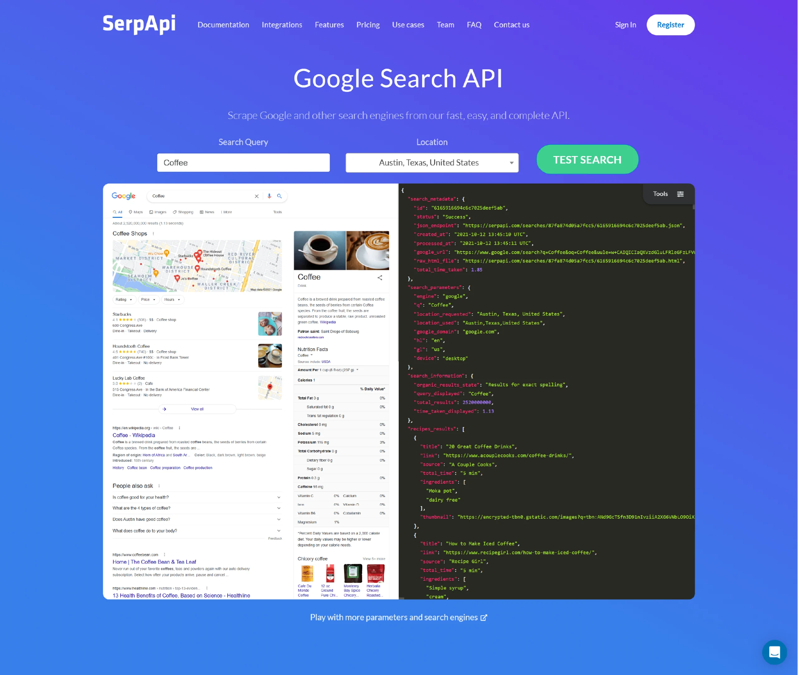 Homepage of SerpAPI