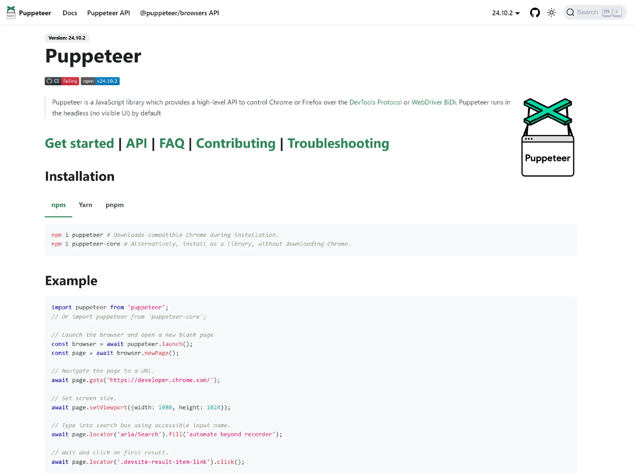 Homepage of Puppeteer