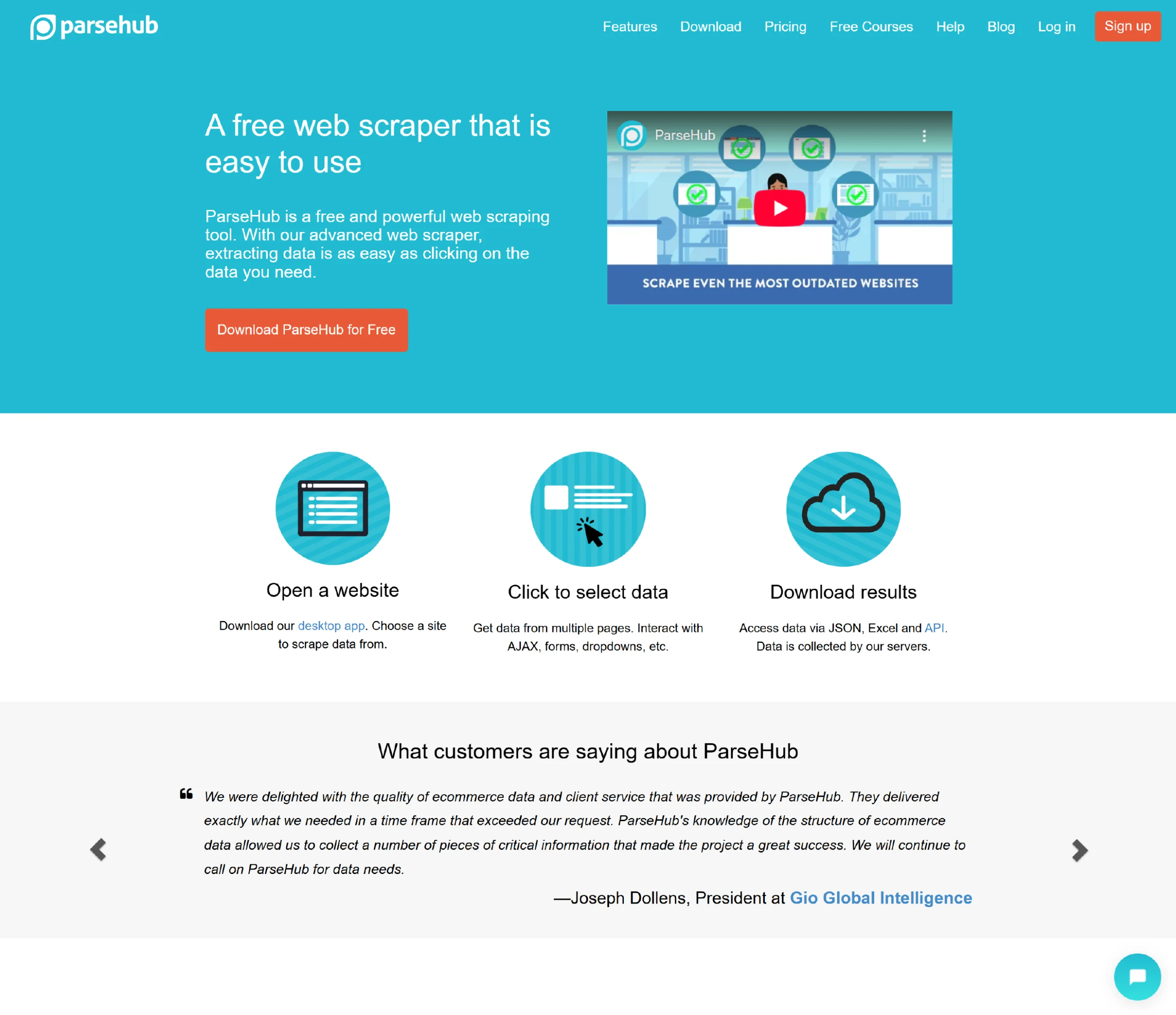 Homepage of Parsehub