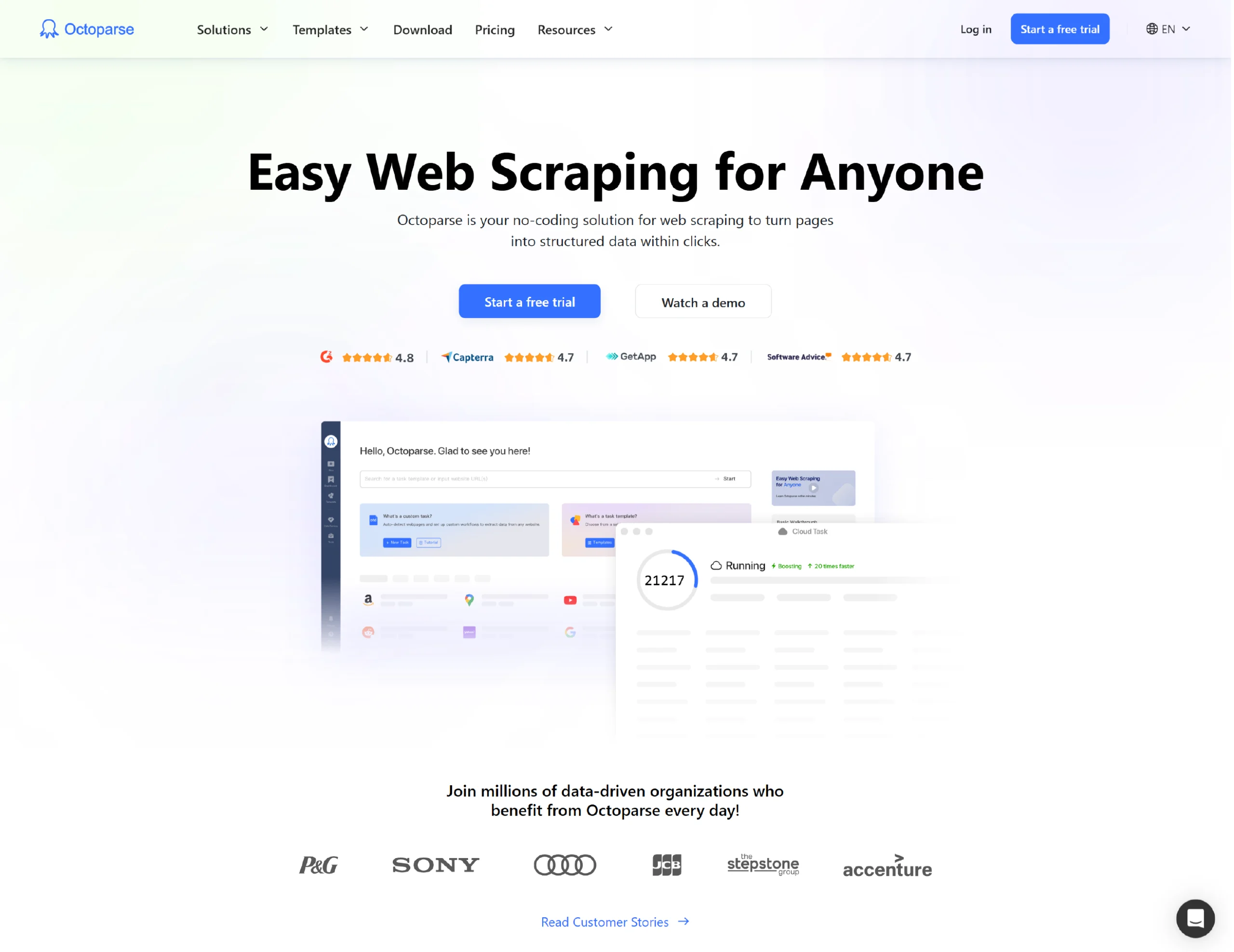 Homepage of Octoparse