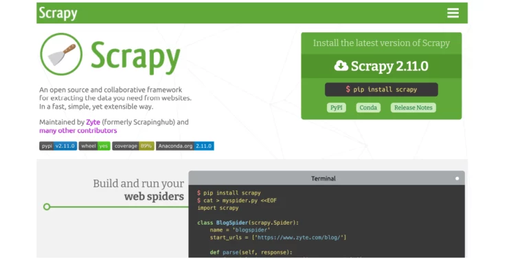 A screenshot showing Scrapy, an open-source web scraping framework in Python that can be used to build web scraping tools. 