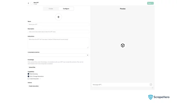 Screenshot showing the configurations tab for creating a custom GPT for web scraping 