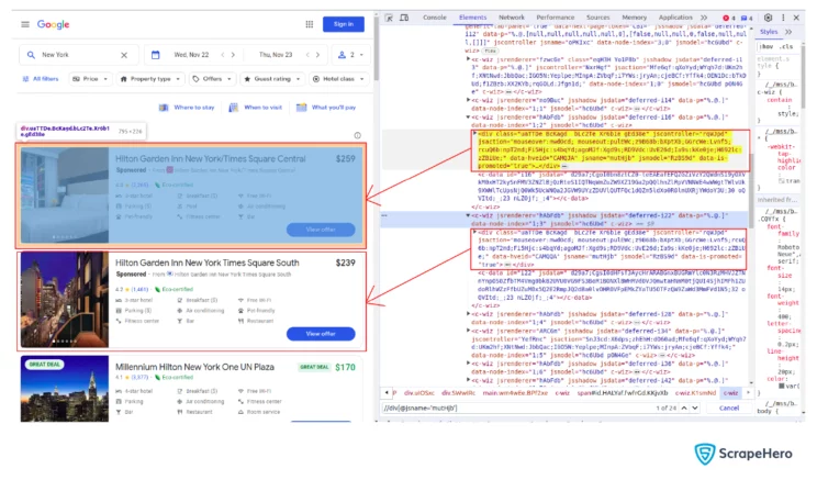 Parsing HTML response and fetching data during web scraping of Google Hotels using Python.