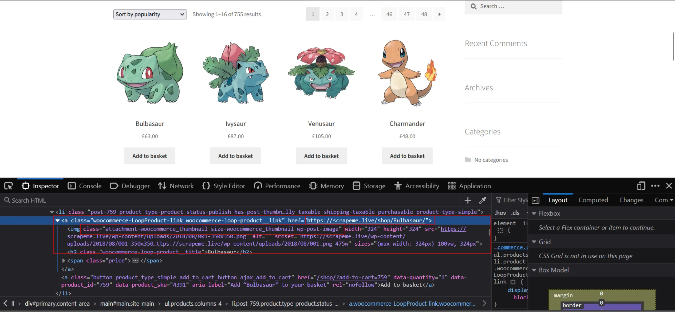  Inspect tool showing the HTML code of the product link 