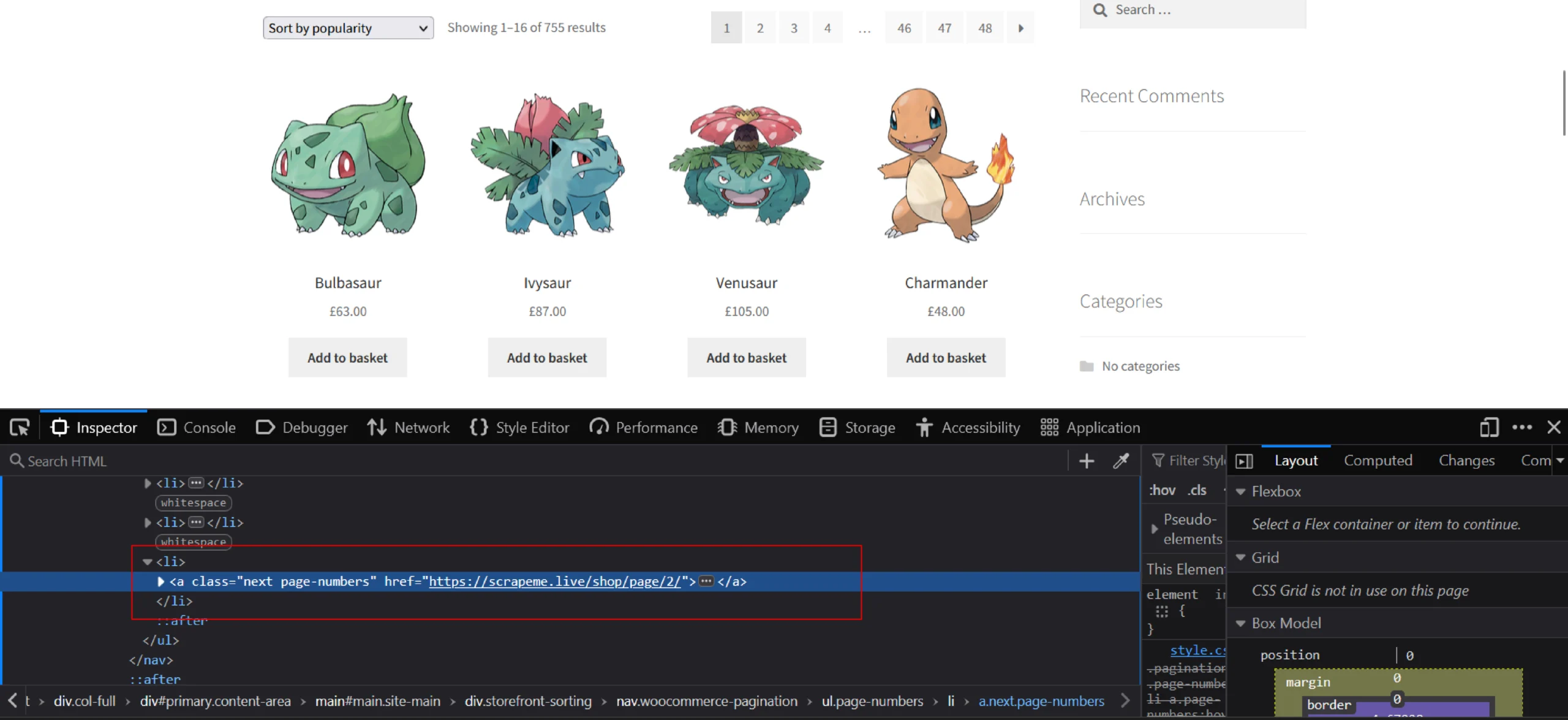 Inspect tool showing the HTML code of the next-page link 