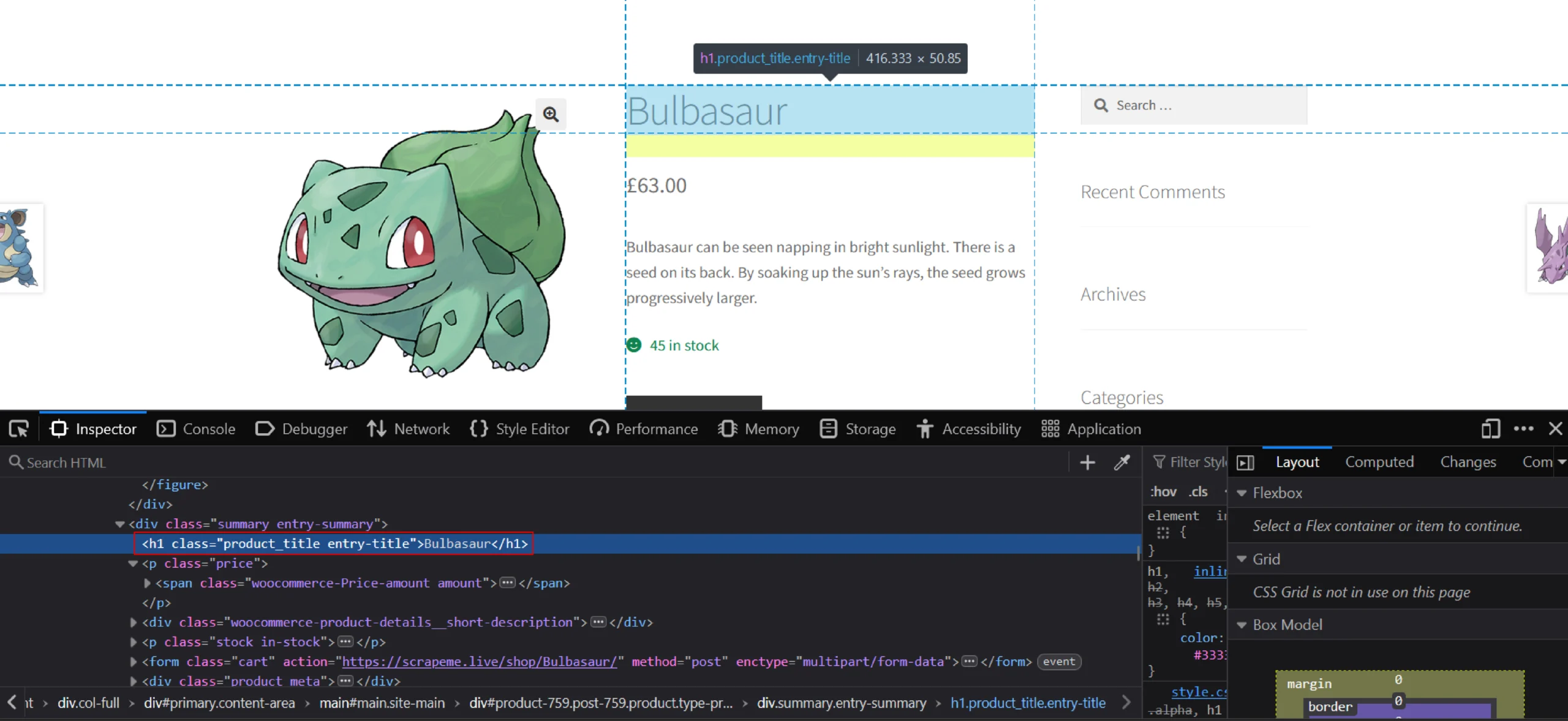 Inspect tool showing the HTML code of the product name 