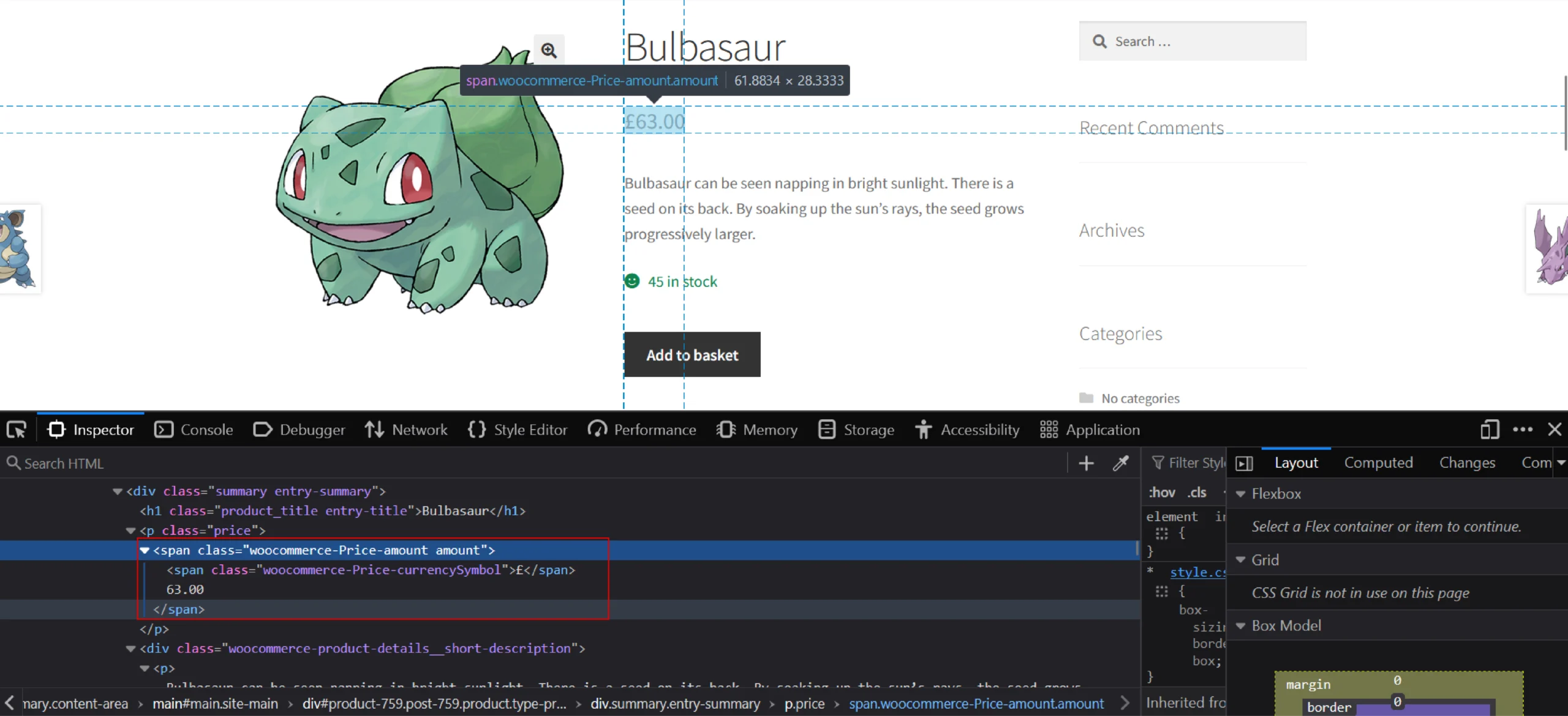 Inspect tool showing the HTML code of the product price