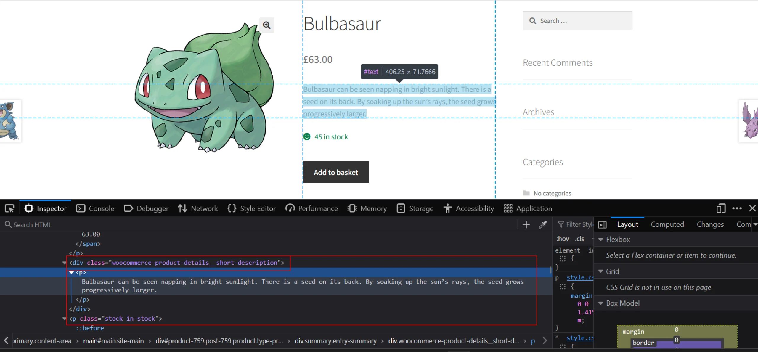 Inspect tool showing the HTML code of the product name