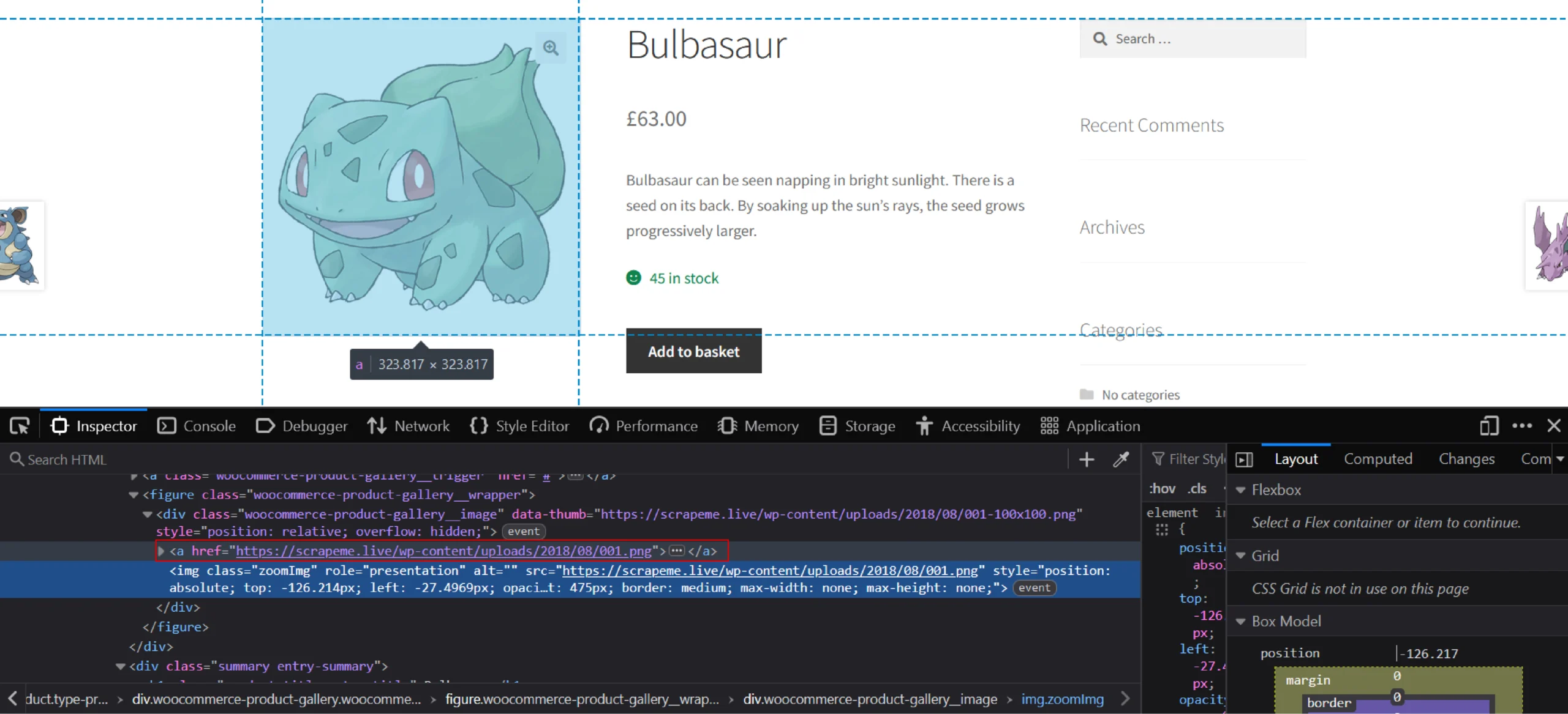 Inspect tool showing the HTML code of the image URL