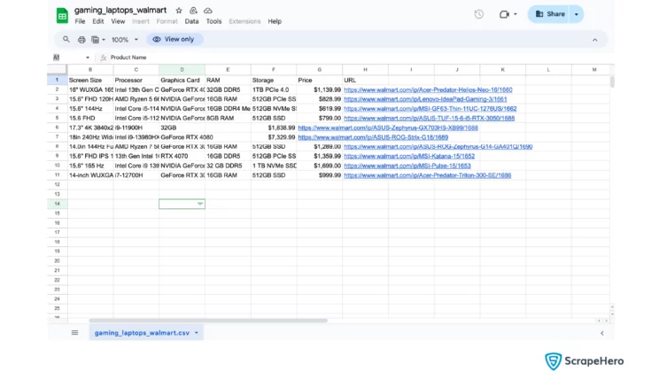 Screenshot of a CSV file created by the custom GPT for web scraping