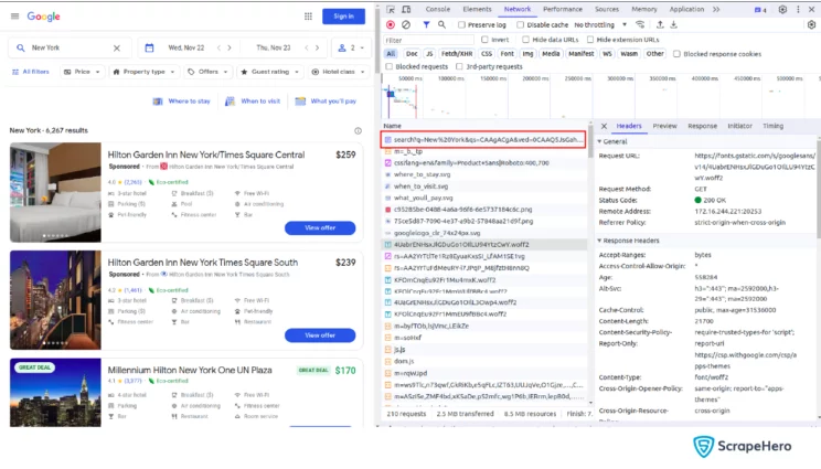 Sending HTTP requests when web scraping Google Hotels using Python.