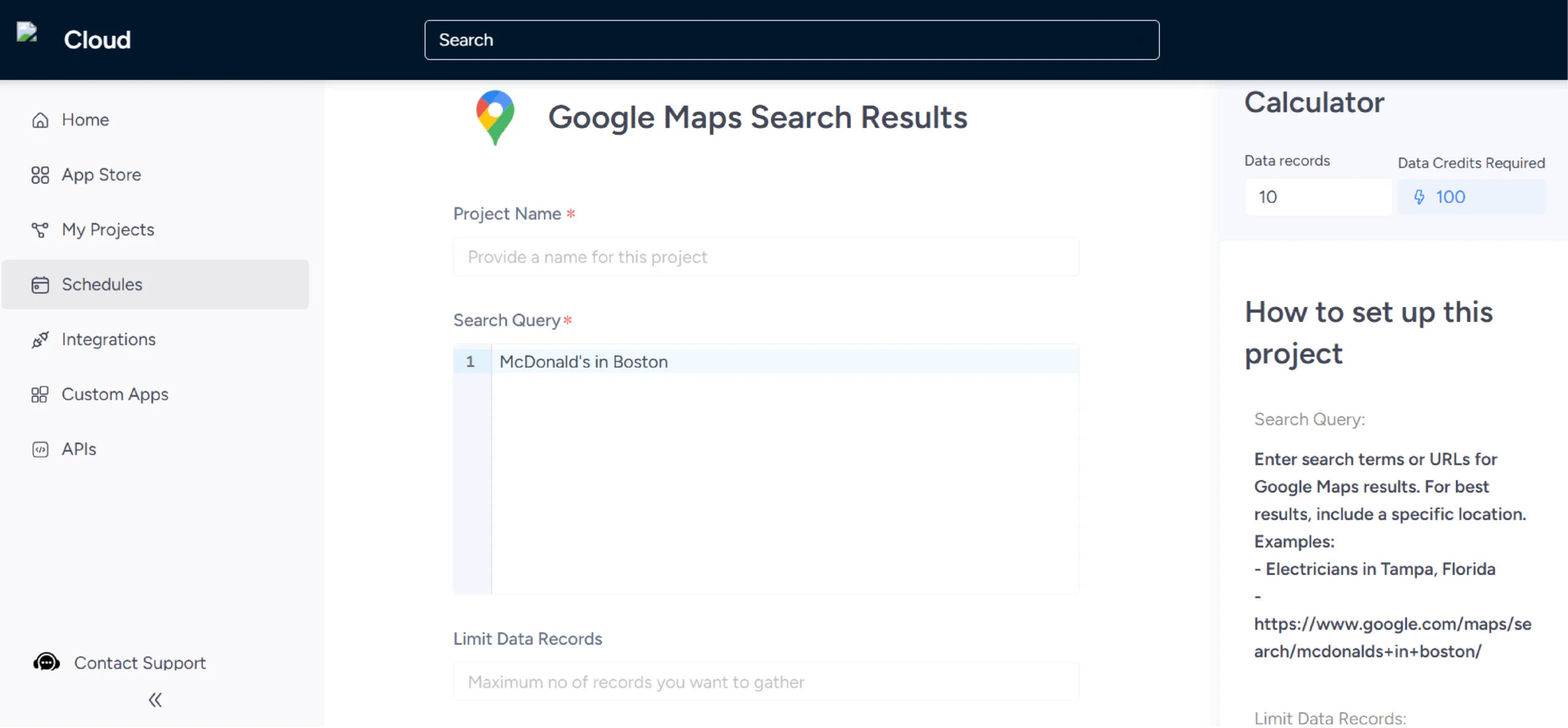 Screenshot of the home page of ScrapeHero Cloud Google Maps Search Results scraper, one of the scrapers on ScrapeHero Cloud. 