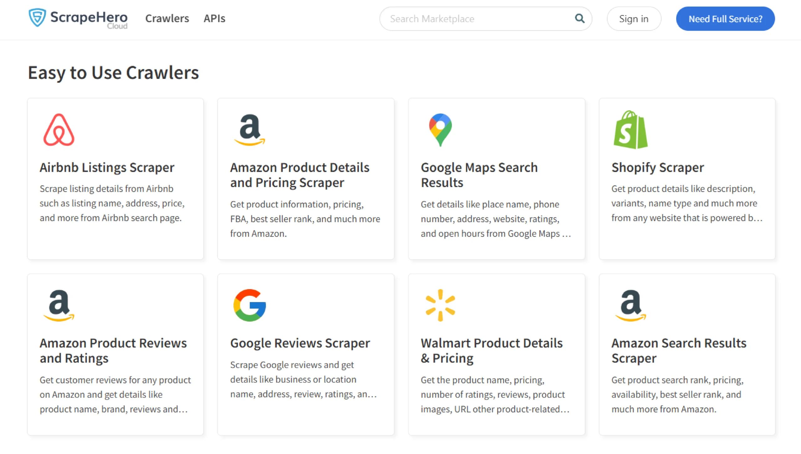 A screenshot of the home page of ScrapeHero Cloud, one of the top cloud web scraping providers in 2025.