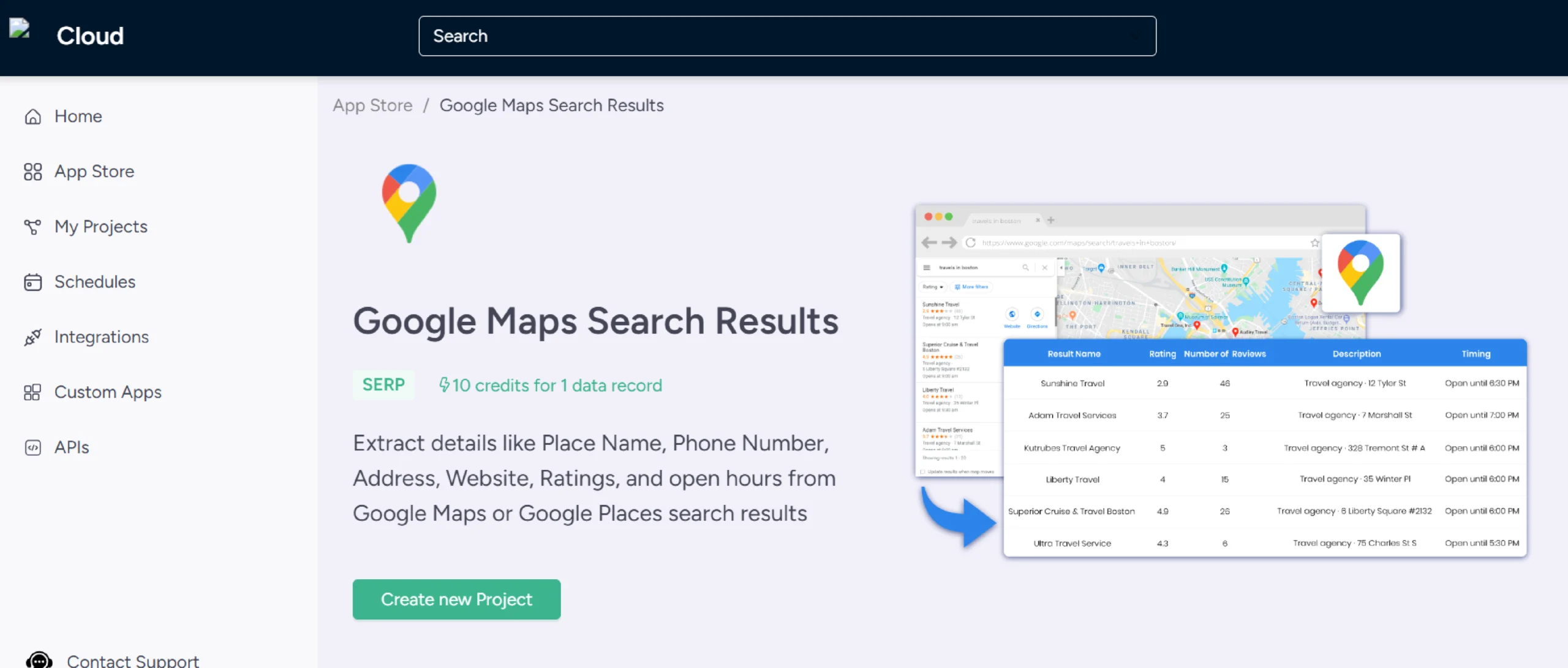Screenshot of the home page of ScrapeHero Cloud Google Maps Search Results scraper, one of the scrapers on ScrapeHero Cloud. 