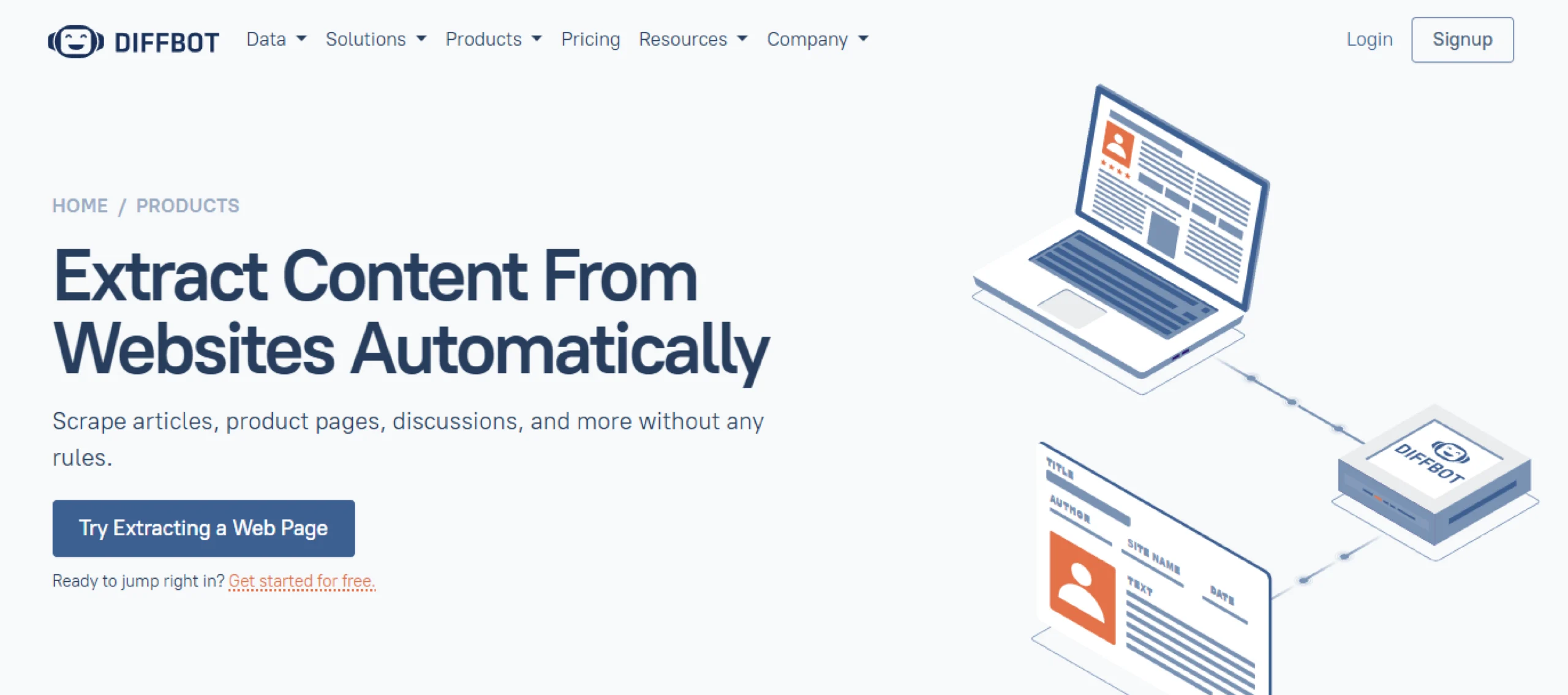 Screenshot of the home page of Diffbot, one of the top cloud web scraping providers in 2025. 