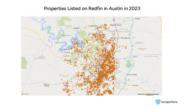 A bird’s eye view map of Redfin-listed properties in Austin. This is helpful in doing a Redfin data analysis. 