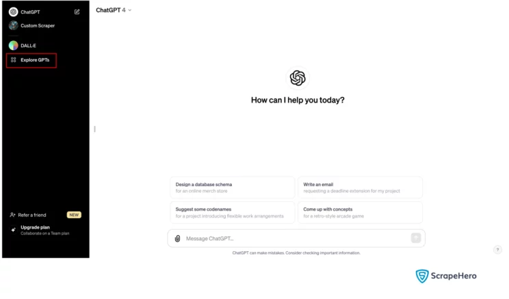 A screenshot that shows how to explore GPTs to create a custom GPT for Web Scraping 