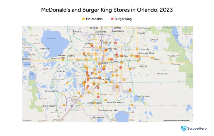 A map showing the store locations of Burger King and McDonald’s in Orlando in 2023. This helps in the review and rating analysis of these brands in Orlando. 