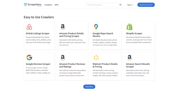 A screenshot showing the easy-to-use web scraping tools and software by ScrapeHero Cloud. 