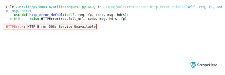 An HTTP 503 Error is shown when trying to fetch the table from the URL using the read_html() method.