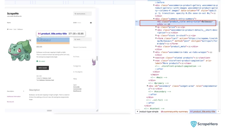 Finding <h1> from the ScrapeMe web page HTML when web scraping using XPath.