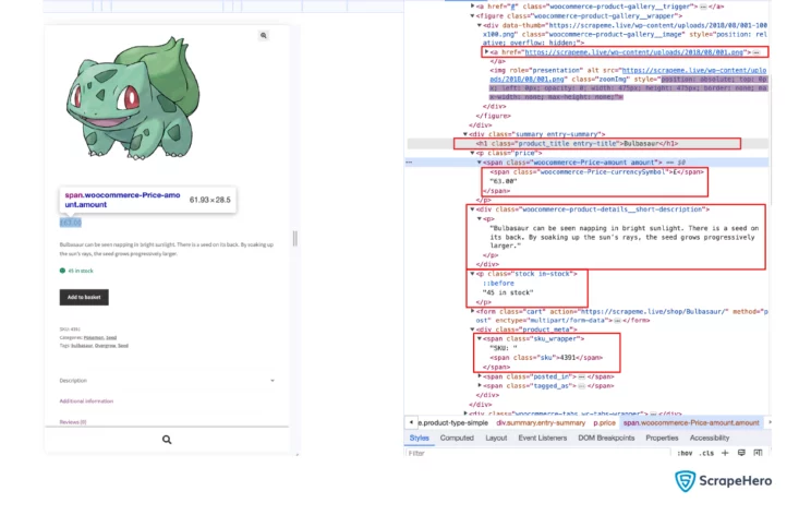 Highlighting different selectors of the product during Cheerio web scraping.