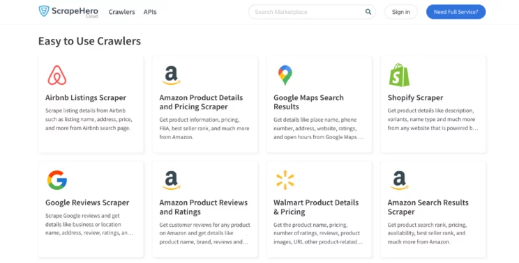 ScrapeHero Cloud with a list of data extraction tools for popular websites