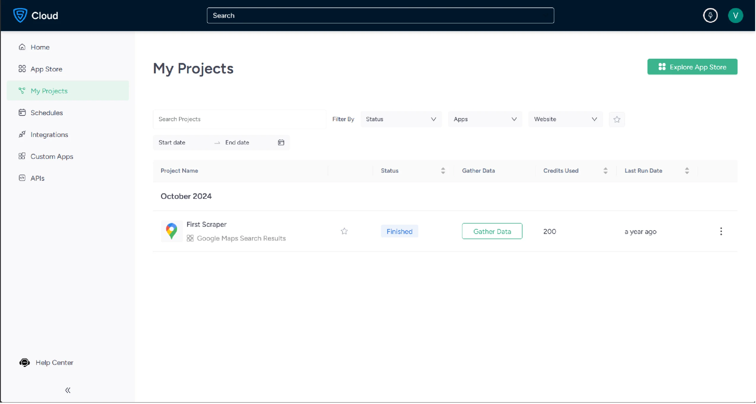  Tracking the scraper's progress under the Projects tab.