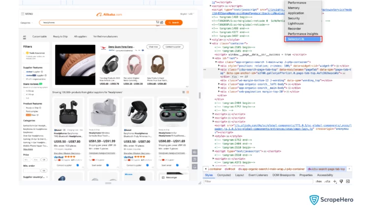 Screenshot showing SelectorLib in Developer Tools 