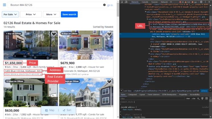 Screenshot showing data points extracted while scraping Zillow data