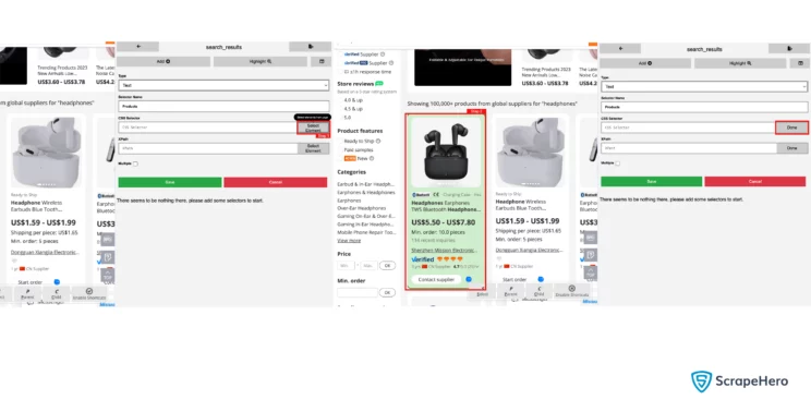 Screenshots showing how to select elements from Alibaba 