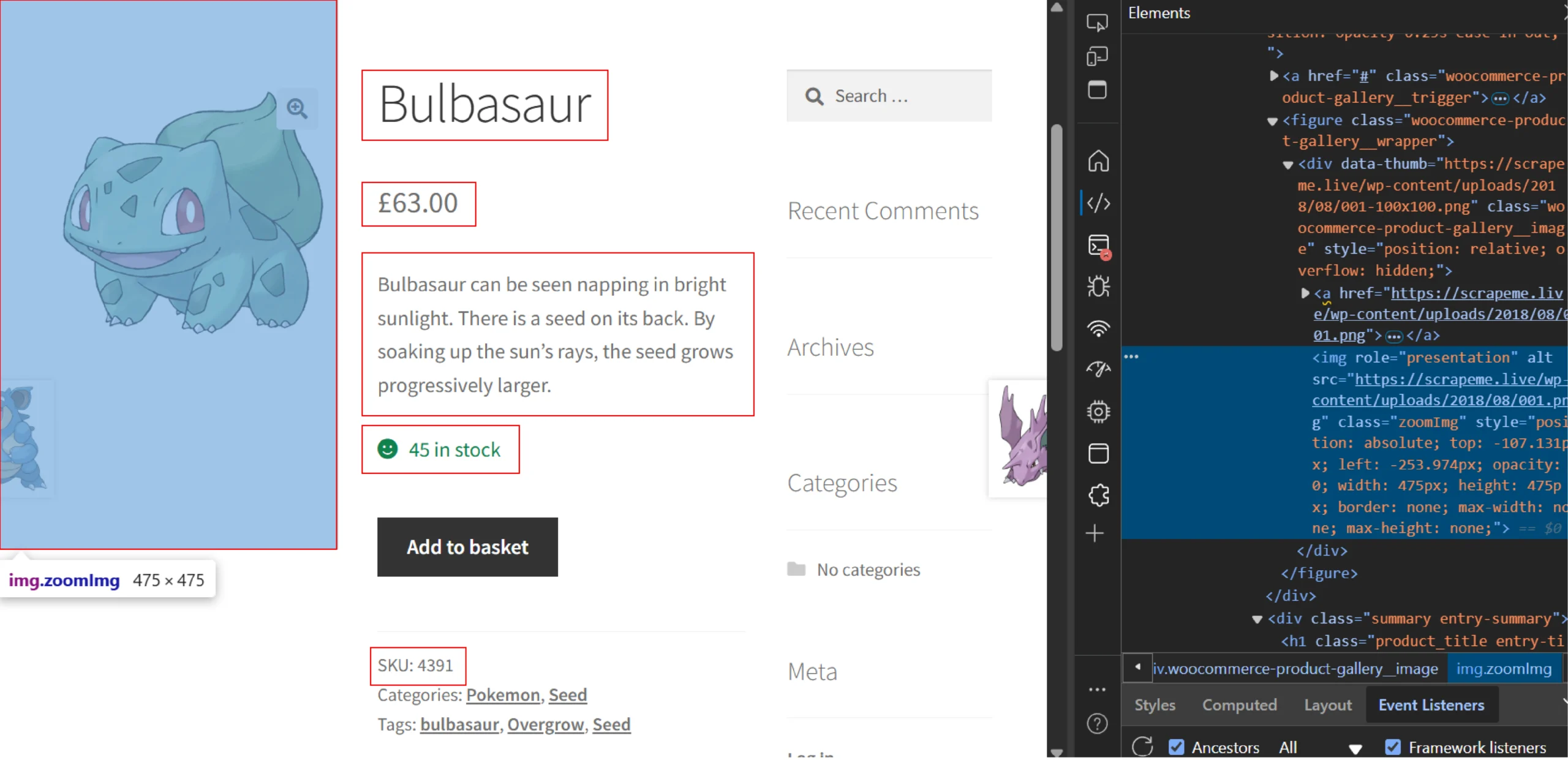 Browser’s inspect panel on the product page 