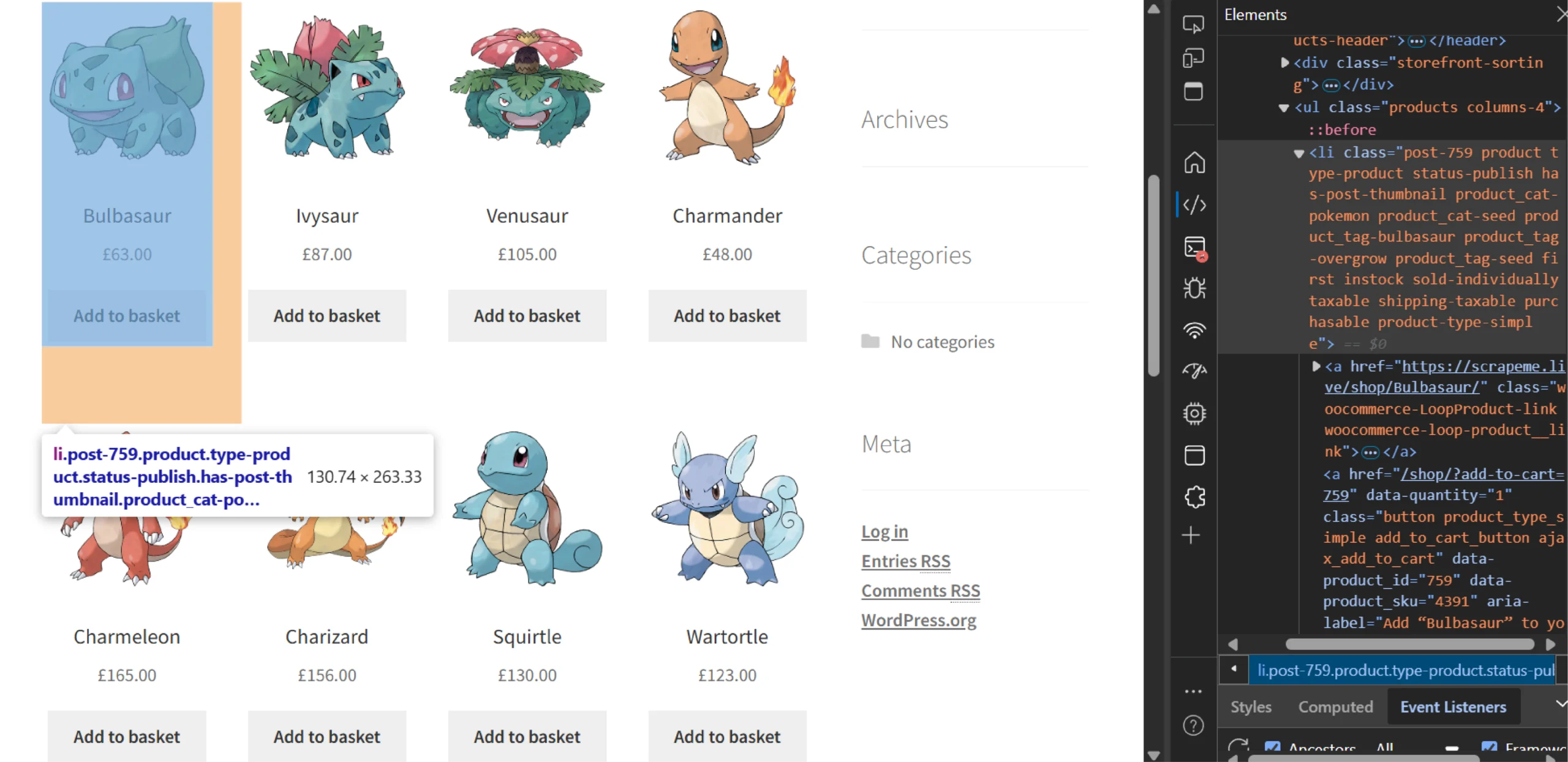 Browser’s inspect panel on the listings page 