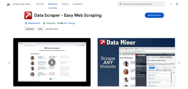 screenshot showing the home page of Data Scraper