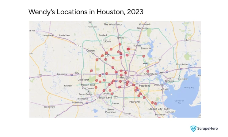 A map showing Wendy’s stores in Houston collated for the purpose of review analysis of Wendy’s in Houston. 